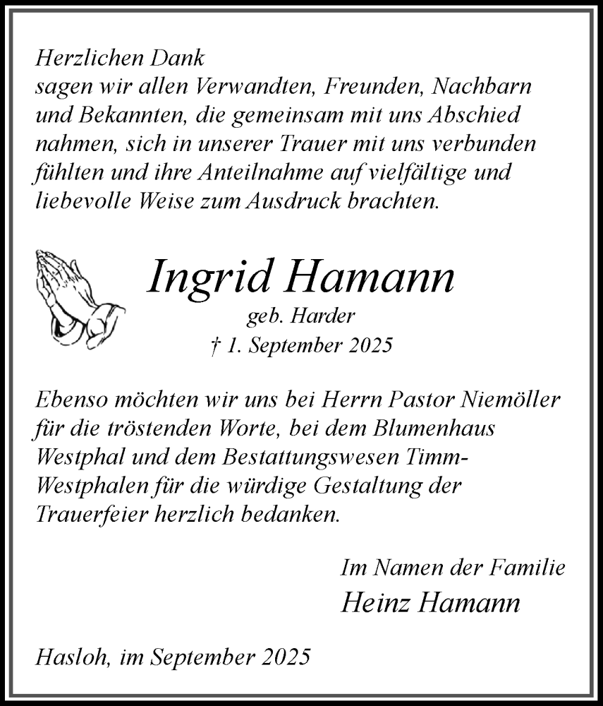  Traueranzeige für Ingrid Hamann vom 27.09.2025 aus Region Pinneberg und tip Pinneberg