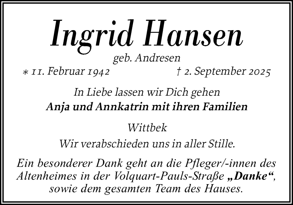  Traueranzeige für Ingrid Hansen vom 09.09.2025 aus Husumer Nachrichten, Nordfriesland Tageblatt