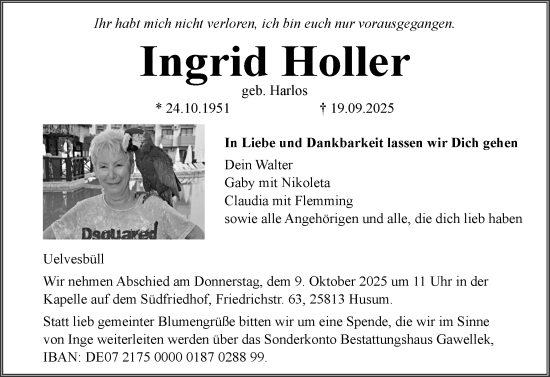 Traueranzeige von Ingrid Holler von Region Flensburg