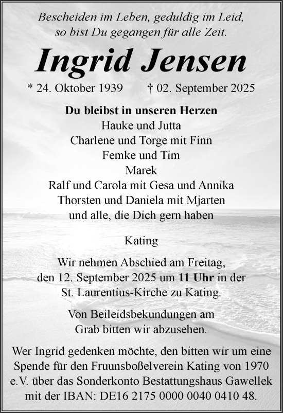 Traueranzeige von Ingrid Jensen von Husumer Nachrichten, Nordfriesland Tageblatt