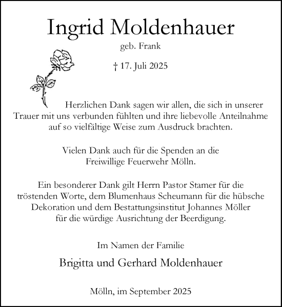 Traueranzeige von Ingrid Moldenhauer von MARKT Ratzeburg/Mölln