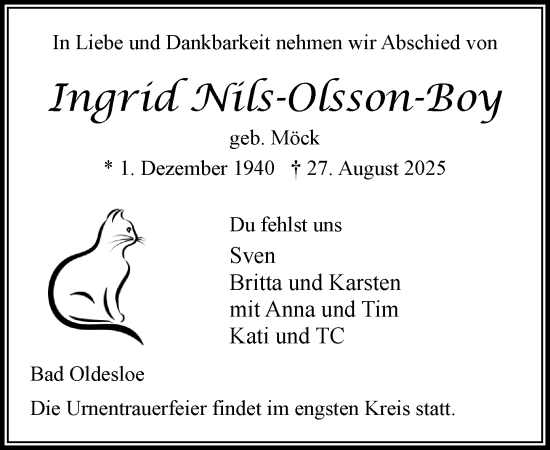 Traueranzeige von Ingrid Nils-Olsson-Boy von MARKT Bad Oldesloe/Reinfeld und Stormarner Tageblatt
