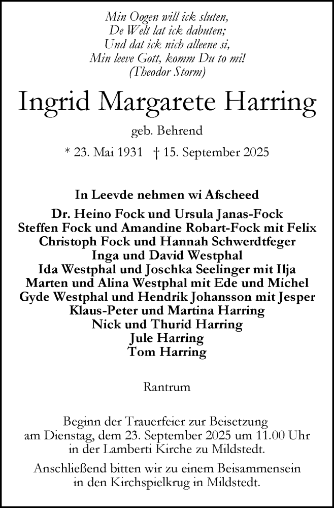  Traueranzeige für Ingrid Margarete Harring vom 18.09.2025 aus Husumer Nachrichten, Nordfriesland Tageblatt
