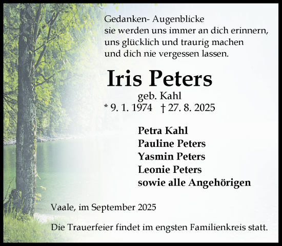 Traueranzeige von Iris Peters von Norddeutsche Rundschau, Wilstersche Zeitung, Glückstädter Fortuna
