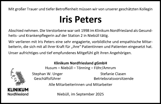 Traueranzeige von Iris Peters von Husumer Nachrichten, Nordfriesland Tageblatt