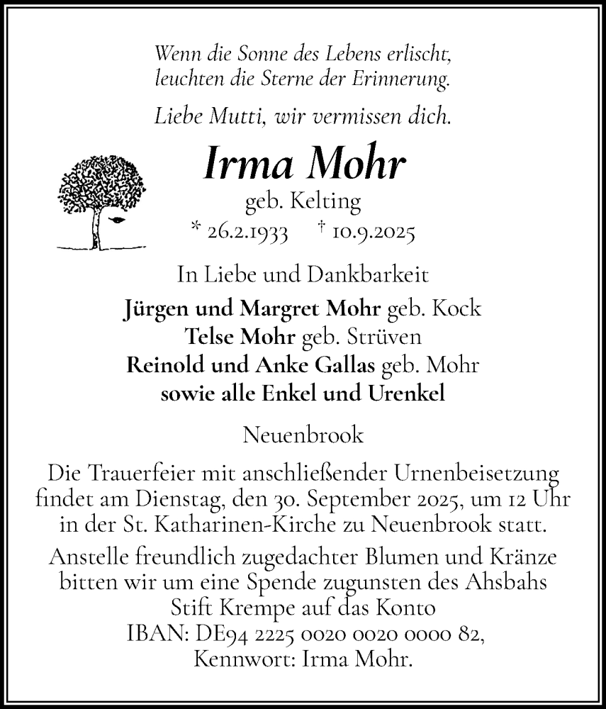  Traueranzeige für Irma Mohr vom 27.09.2025 aus Norddeutsche Rundschau, Wilstersche Zeitung, Glückstädter Fortuna