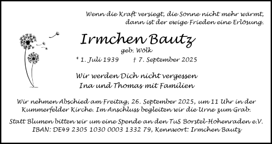 Traueranzeige von Irmchen Bautz von Region Pinneberg und tip Pinneberg