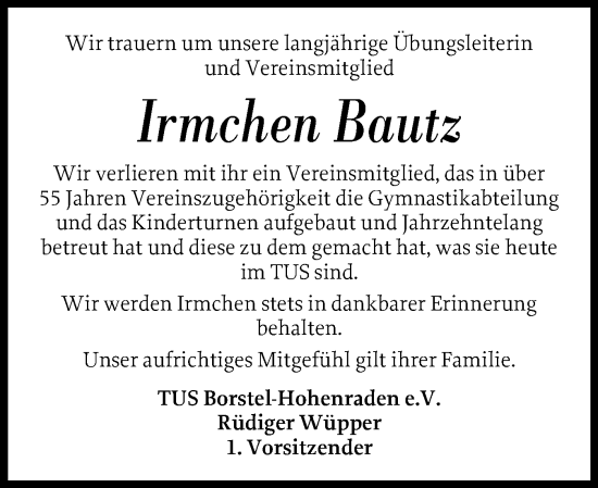 Traueranzeige von Irmchen Bautz von Region Pinneberg und tip Pinneberg