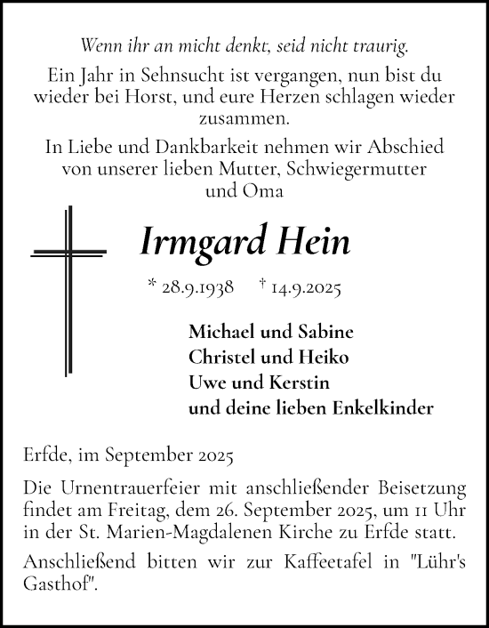 Traueranzeige von Irmgard Hein von Schleswig-Holsteinische Landeszeitung
