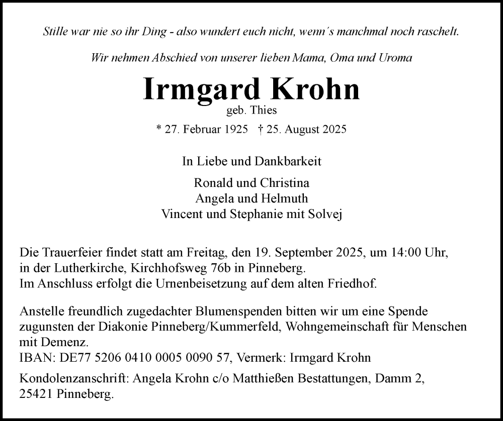  Traueranzeige für Irmgard Krohn vom 06.09.2025 aus Region Pinneberg und tip Pinneberg