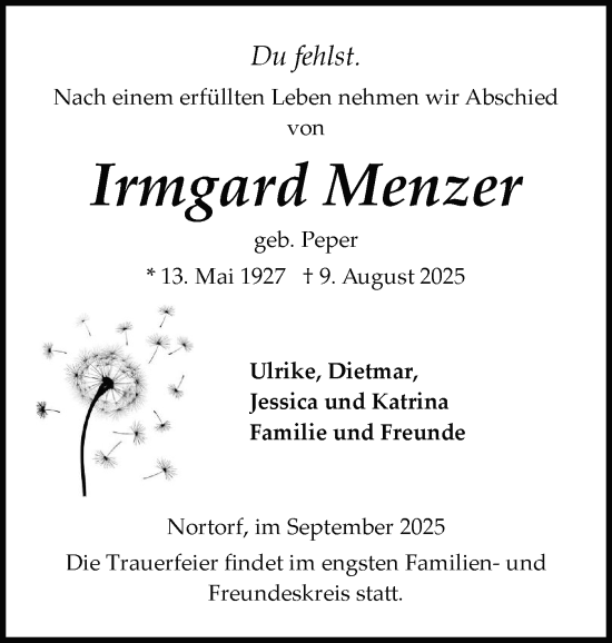 Traueranzeige von Irmgard Menzer von Schleswig-Holsteinische Landeszeitung