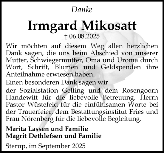 Traueranzeige von Irmgard Mikosatt von Flensburger Tageblatt