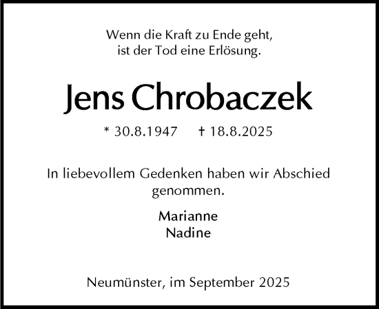 Traueranzeige von Jens Chrobaczek von Holsteinischer Courier