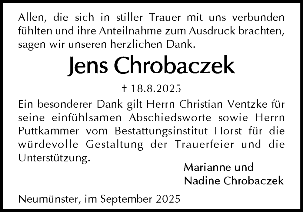  Traueranzeige für Jens Chrobaczek vom 20.09.2025 aus Holsteinischer Courier