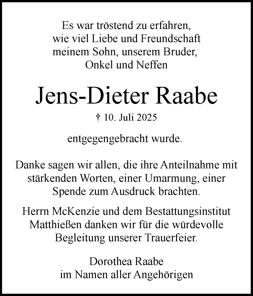  Traueranzeige für Jens-Dieter Raabe vom 13.09.2025 aus Region Pinneberg und tip Pinneberg