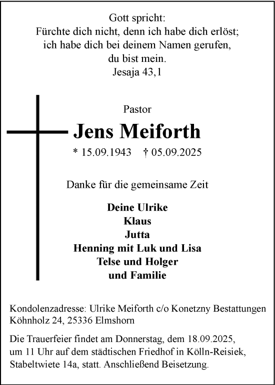 Traueranzeige von Jens Meiforth von Elmshorner Nachrichten, Barmstedter Zeitung