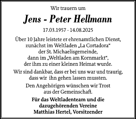 Traueranzeige von Jens Peter Hellmann von Schleswiger Nachrichten, Schlei-Bote