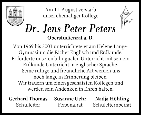 Traueranzeige von Jens Peter Peters von Schleswig-Holsteinische Landeszeitung