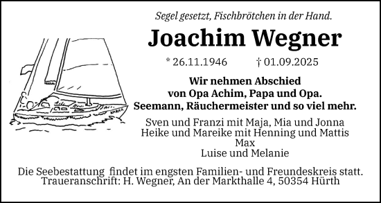 Traueranzeige von Joachim Wegner von Flensburger Tageblatt