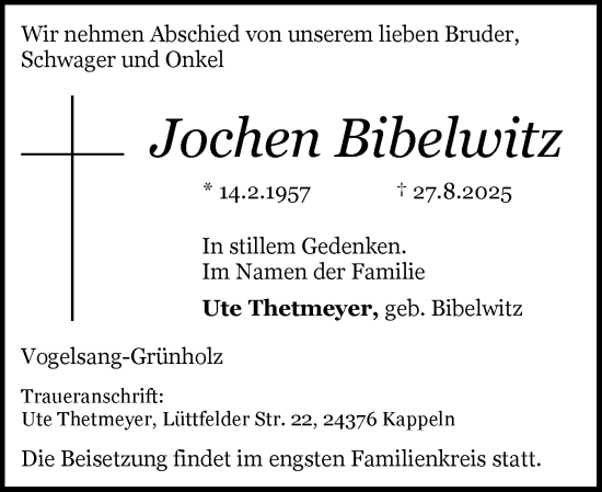 Traueranzeige von Jochen Bibelwitz von Eckernförder Zeitung, Hallo Eckernförde