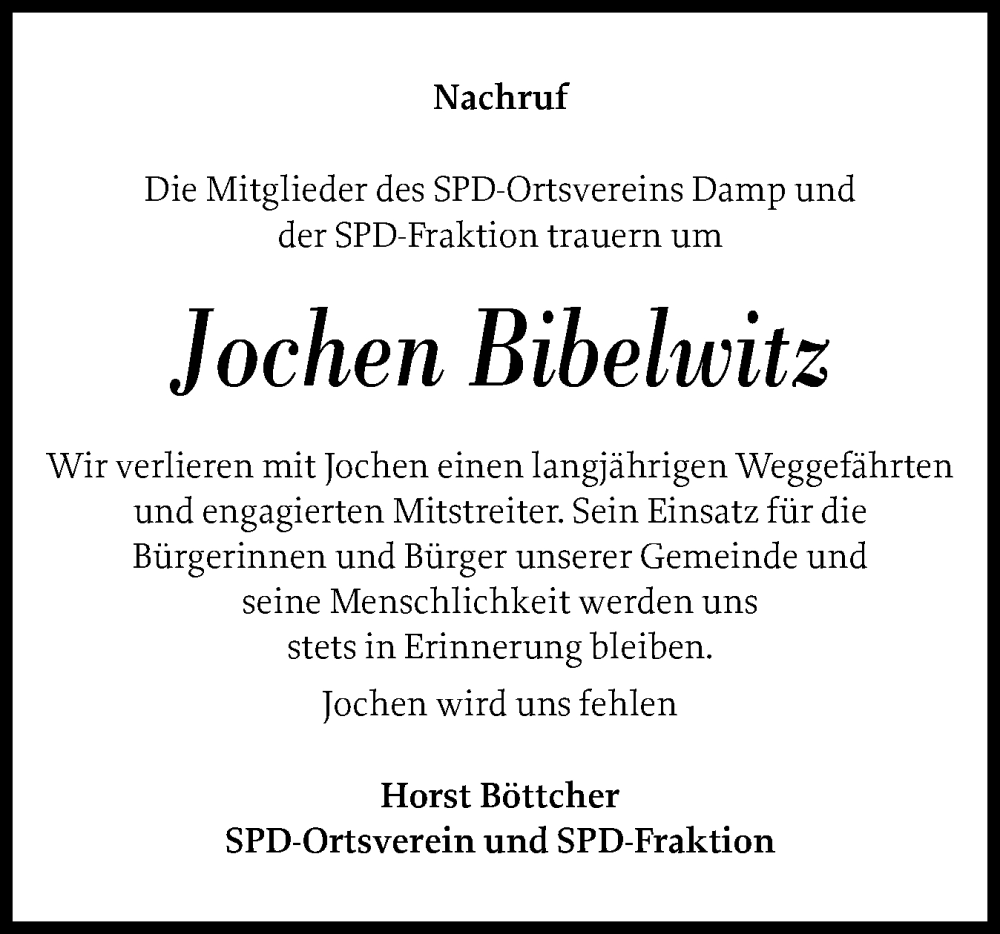  Traueranzeige für Jochen Bibelwitz vom 13.09.2025 aus Eckernförder Zeitung, Hallo Eckernförde