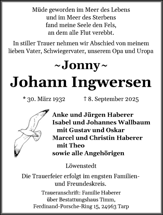 Traueranzeige von Johann Ingwersen von Husumer Nachrichten, Nordfriesland Tageblatt