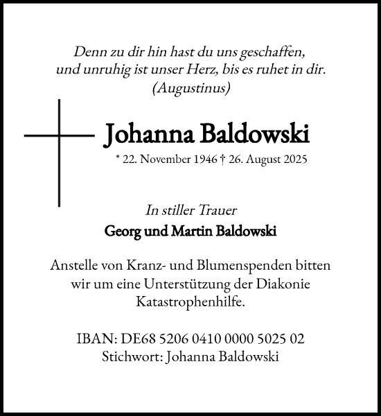 Traueranzeige von Johanna Baldowski von Heimatspiegel