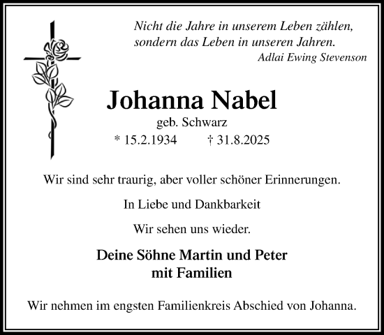 Traueranzeige von Johanna Nabel von MARKT Ratzeburg/Mölln