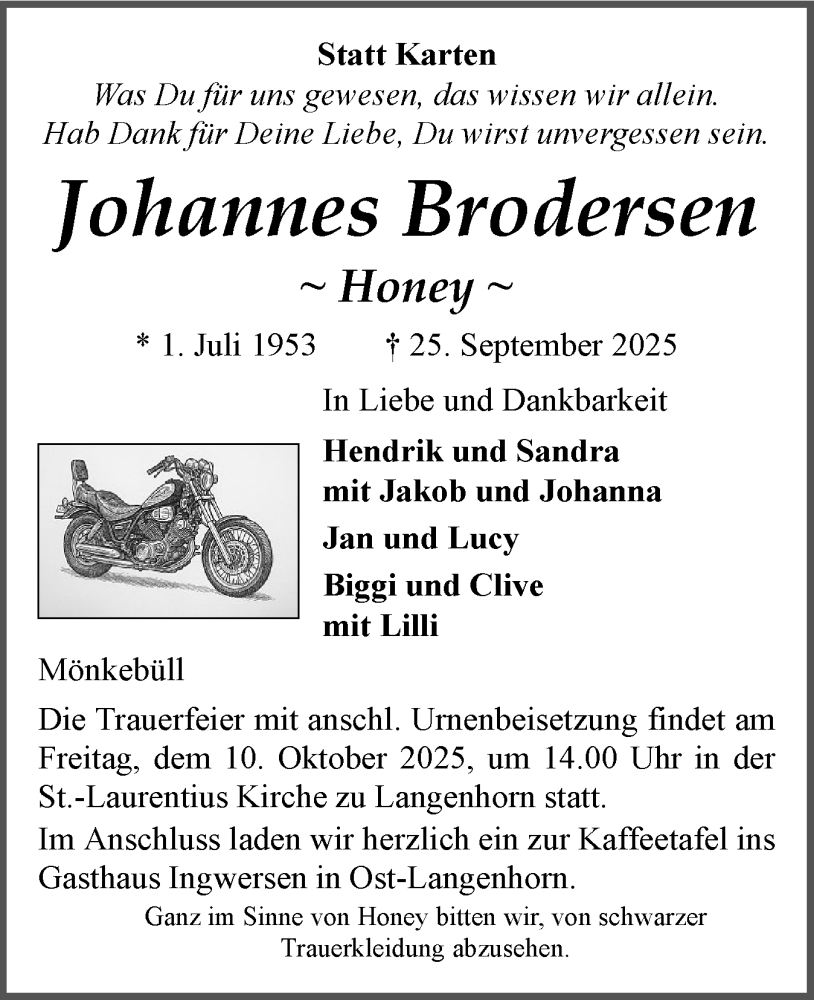  Traueranzeige für Johannes Brodersen vom 01.10.2025 aus Husumer Nachrichten, Nordfriesland Tageblatt