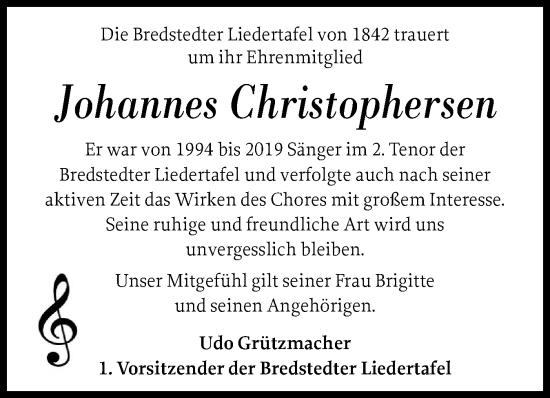 Traueranzeige von Johannes Christophersen von Husumer Nachrichten, Nordfriesland Tageblatt