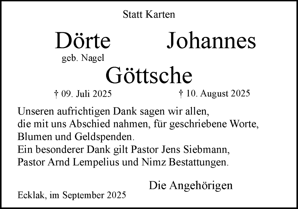  Traueranzeige für Johannes Göttsche vom 06.09.2025 aus Norddeutsche Rundschau, Wilstersche Zeitung, Glückstädter Fortuna