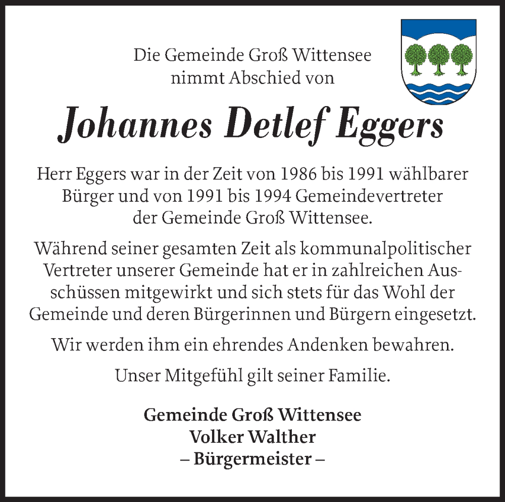  Traueranzeige für Johannes Detlef Eggers vom 06.09.2025 aus Eckernförder Zeitung, Hallo Eckernförde