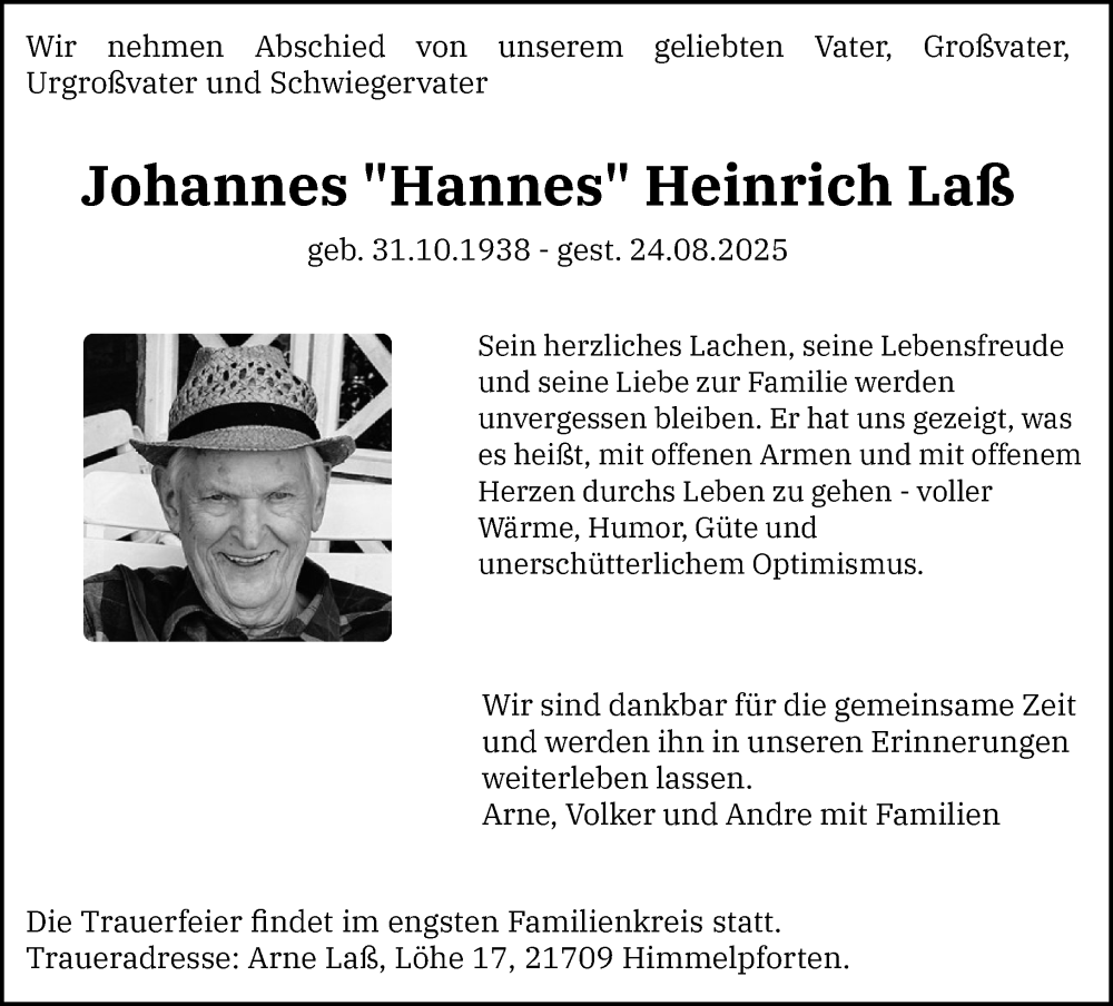  Traueranzeige für Johannes Heinrich Laß vom 13.09.2025 aus MARKT Ahrensburg/Bargteheide/Trittau und Stormarner Tageblatt