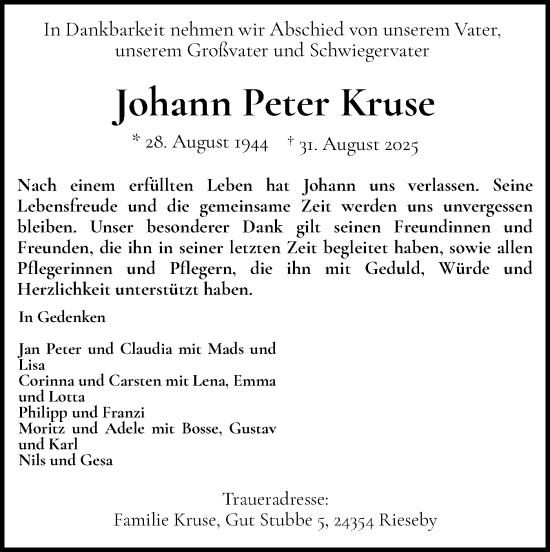 Traueranzeige von Johann Peter Kruse von Schleswiger Nachrichten, Schlei-Bote, Eckernförder Zeitung