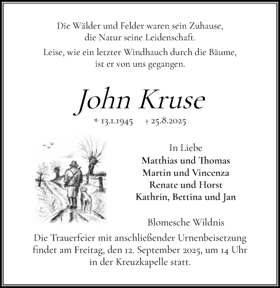 Traueranzeige von John Kruse von Norddeutsche Rundschau, Wilstersche Zeitung, Glückstädter Fortuna