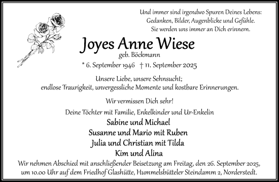 Traueranzeige von Joyes Anne Wiese von Heimatspiegel