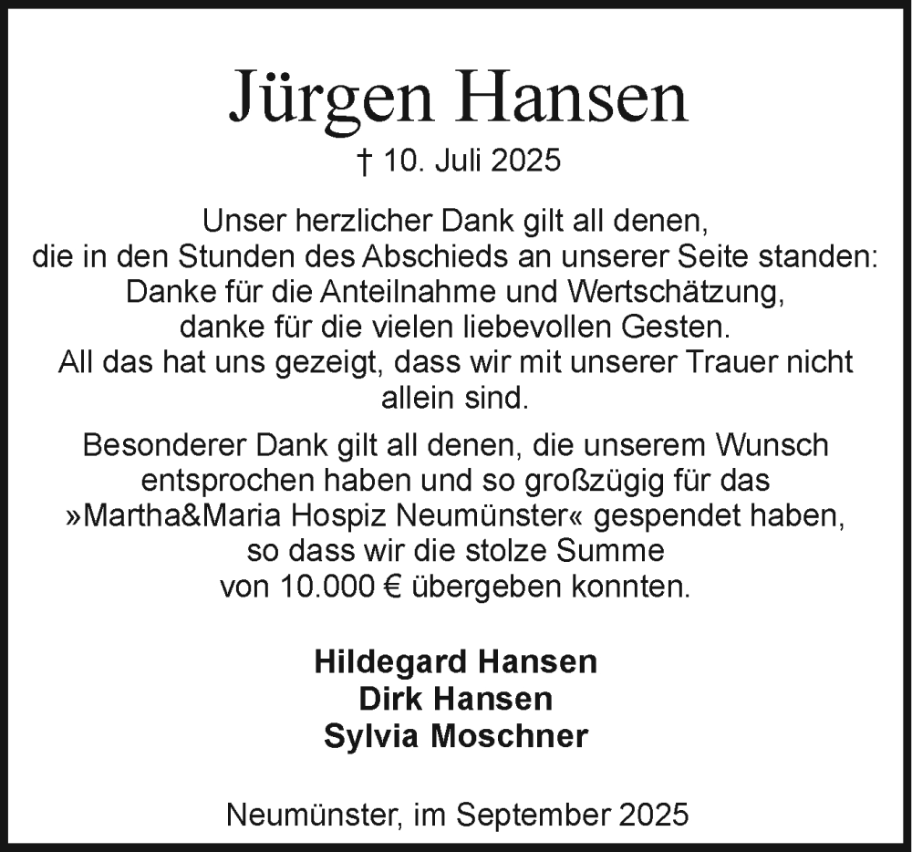  Traueranzeige für Jürgen Hansen vom 06.09.2025 aus Holsteinischer Courier