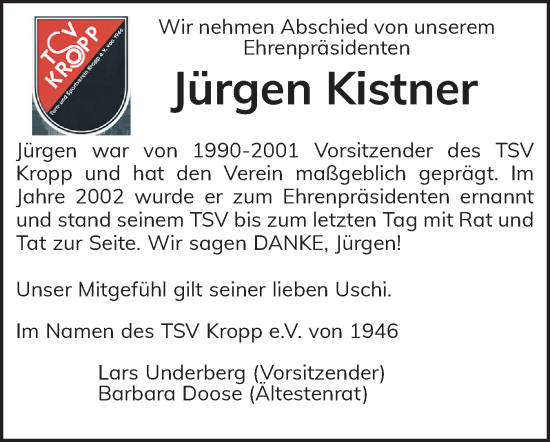 Traueranzeige von Jürgen Kistner von Schleswig-Holsteinische Landeszeitung