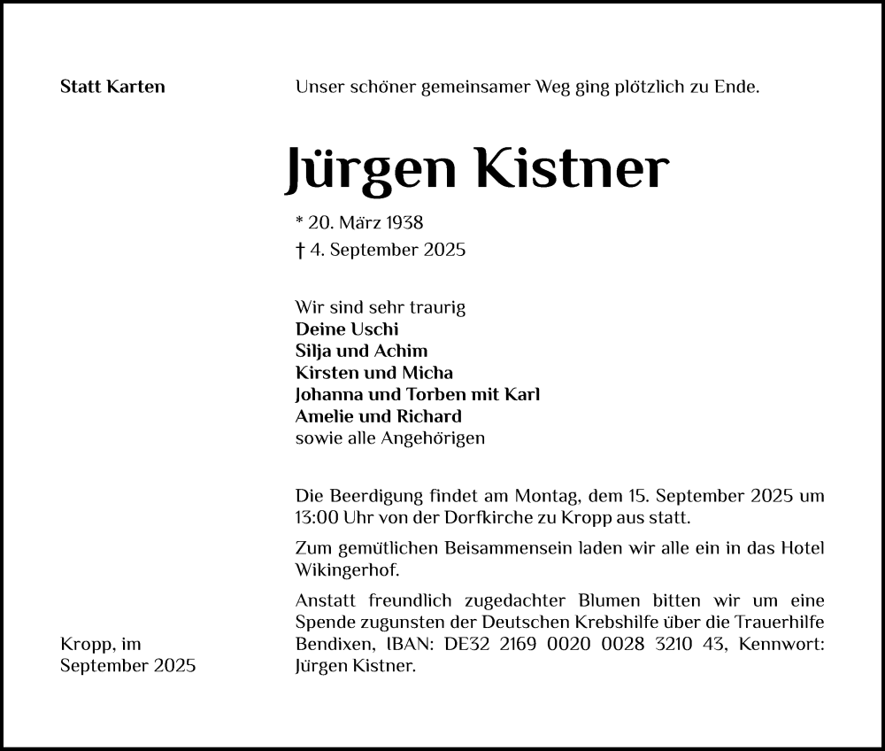  Traueranzeige für Jürgen Kistner vom 06.09.2025 aus Schleswig-Holsteinische Landeszeitung