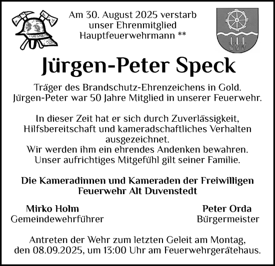 Traueranzeige von Jürgen-Peter Speck von Schleswig-Holsteinische Landeszeitung
