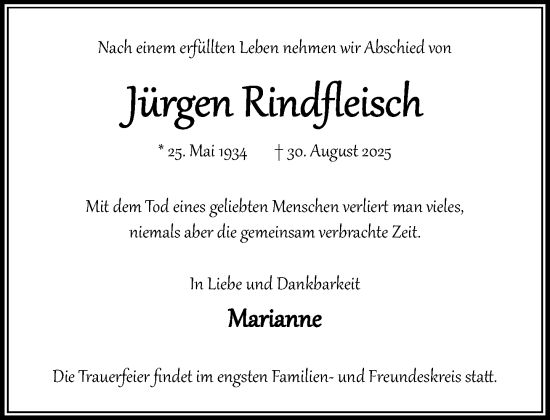 Traueranzeige von Jürgen Rindfleisch von MARKT Bad Oldesloe/Reinfeld, MARKT Ahrensburg/Bargteheide/Trittau und Stormarner Tageblatt