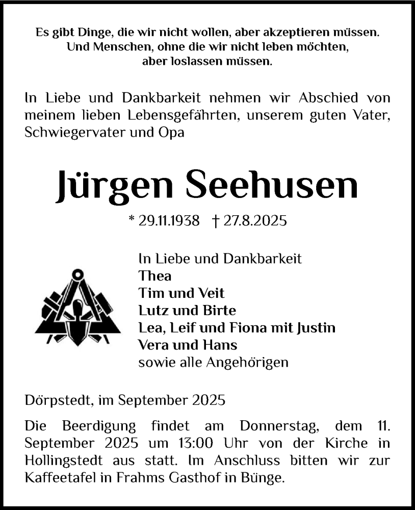  Traueranzeige für Jürgen Seehusen vom 06.09.2025 aus Schleswig-Holsteinische Landeszeitung