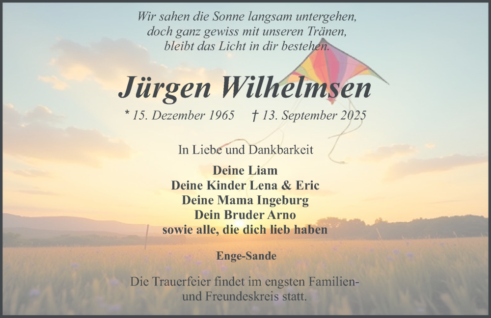  Traueranzeige für Jürgen Wilhelmsen vom 20.09.2025 aus Husumer Nachrichten, Nordfriesland Tageblatt