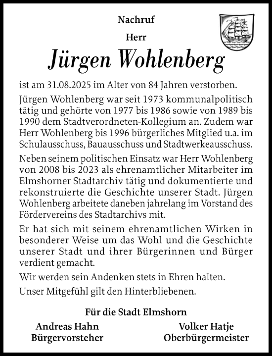 Traueranzeige von Jürgen Wohlenberg von Elmshorner Nachrichten, Barmstedter Zeitung