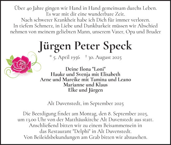 Traueranzeige von Jürgen Peter Speck von Schleswig-Holsteinische Landeszeitung