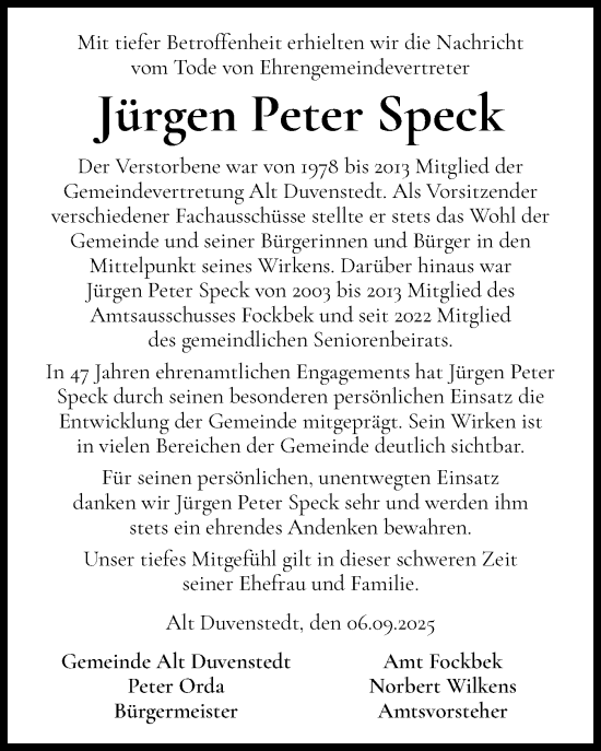 Traueranzeige von Jürgen Peter Speck von Schleswig-Holsteinische Landeszeitung