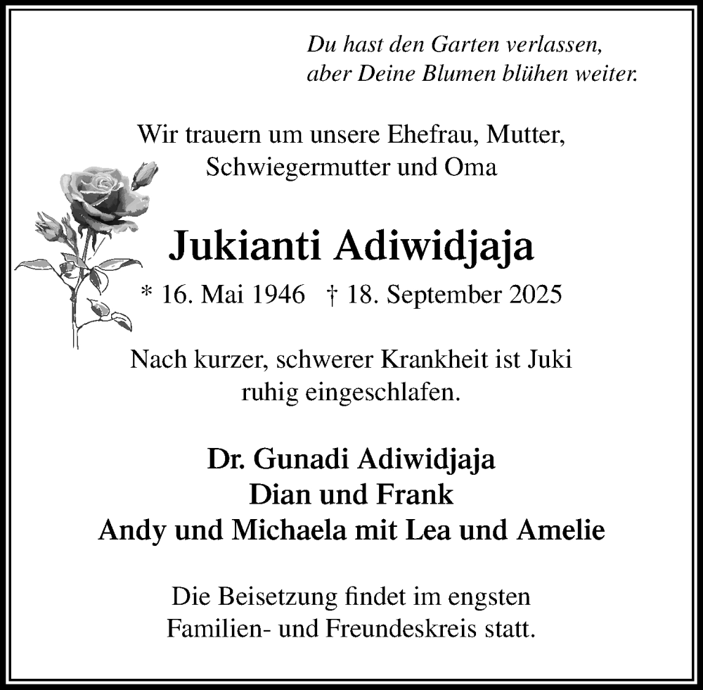  Traueranzeige für Jukianti Adiwidjaja vom 27.09.2025 aus MARKT Ahrensburg/Bargteheide/Trittau und Stormarner Tageblatt
