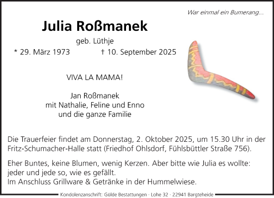 Traueranzeige von Julia Roßmanek von MARKT Ahrensburg/Bargteheide/Trittau und Stormarner Tageblatt