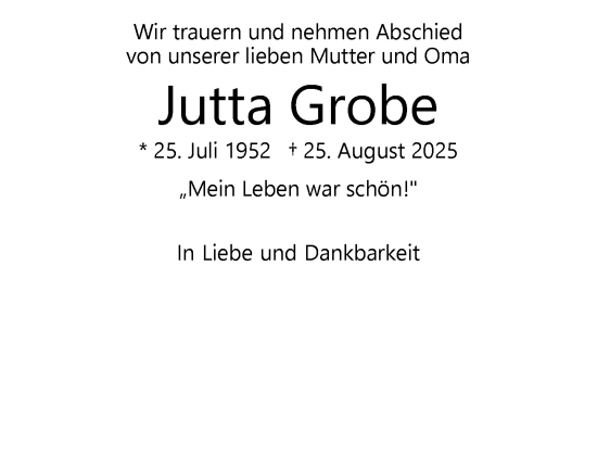 Traueranzeige von Jutta Grobe von Wochenend Anzeiger