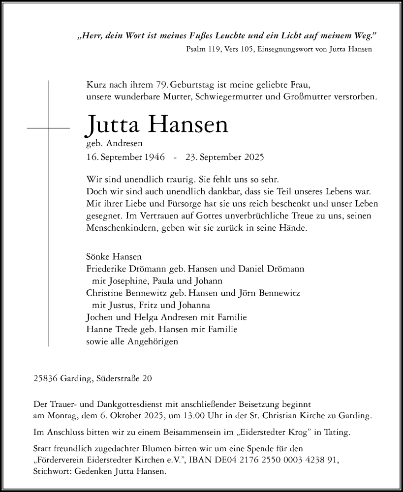  Traueranzeige für Jutta Hansen vom 27.09.2025 aus Husumer Nachrichten, Nordfriesland Tageblatt